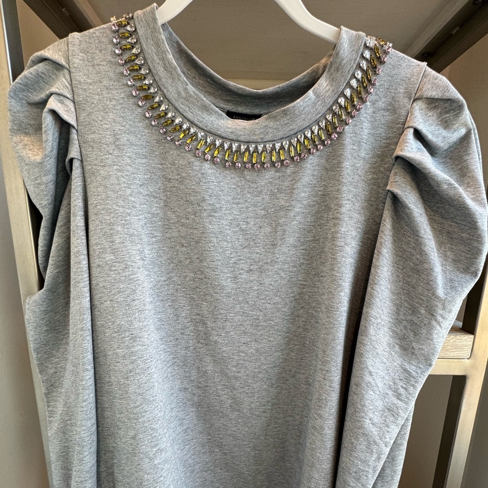 Puffy Shoulder embellished neck jersey pullover